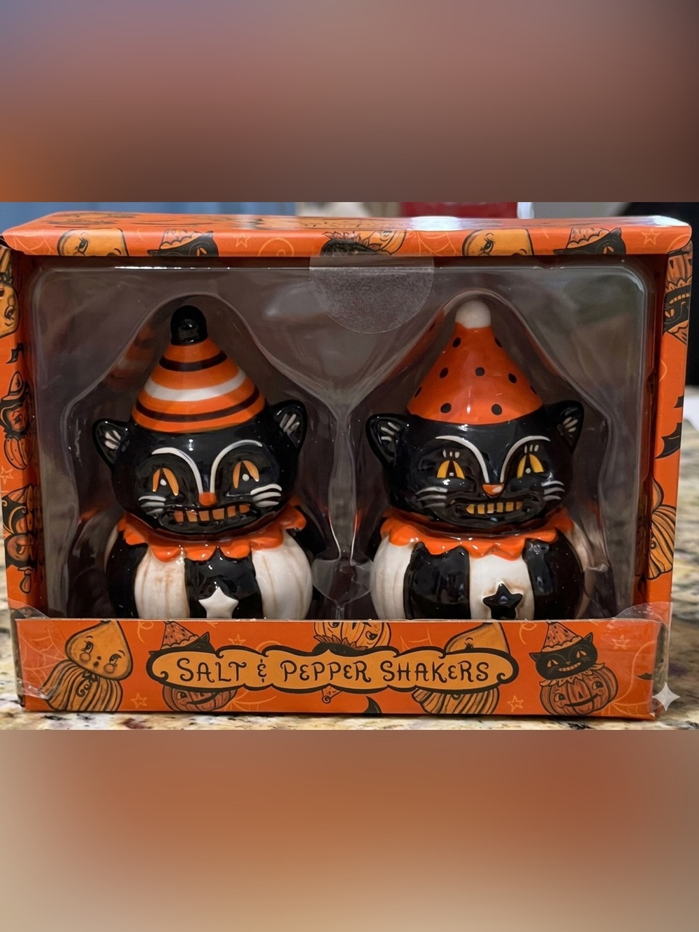 NIB Johanna Parker Halloween Black Cat Salt & Pepper Shaker Set Transpac
